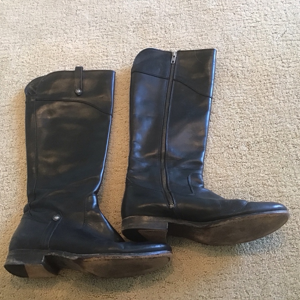 Frye Melissa Button Tab Side Zip Black Leather Knee Hi Riding Boots‎ 8.5 3470110